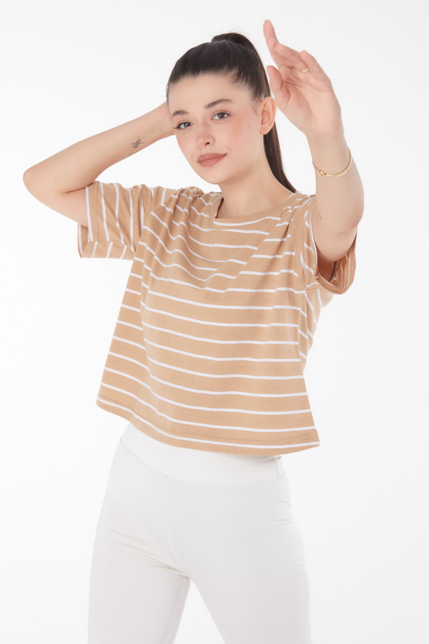 Çizgili Kısa Kollu Crop Vizon - 25842 - 3