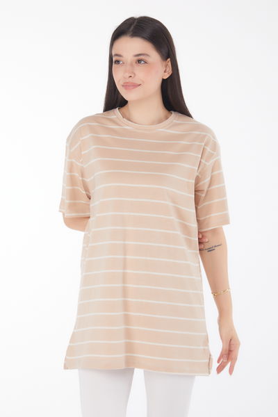 Düz Bisiklet Yaka Kadın Vizon Çizgili Kısa Kollu T-shirt - 25764 