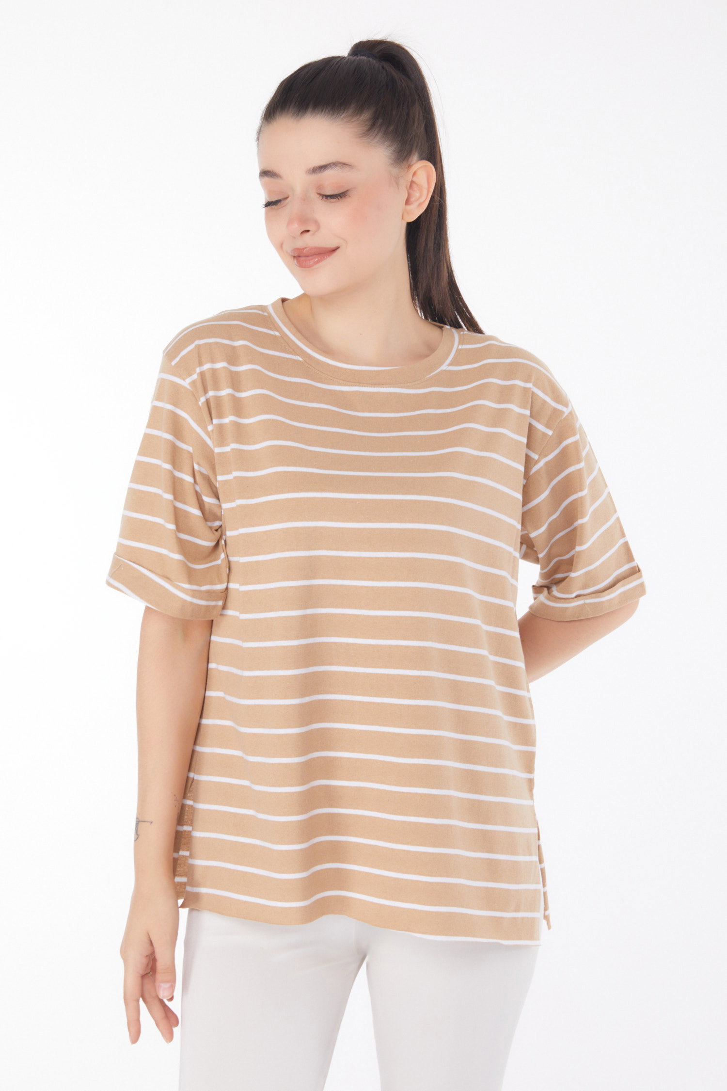 Çizgili Kısa Kollu T-shirt Vizon - 25840 - 1