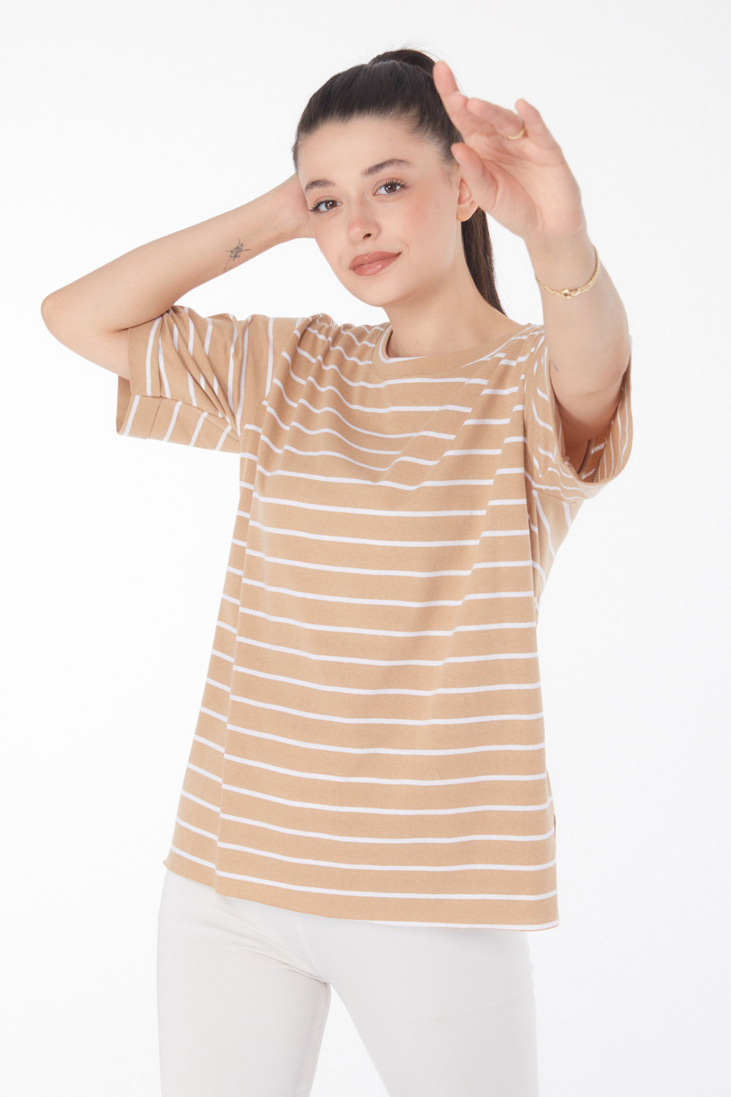 Çizgili Kısa Kollu T-shirt Vizon - 25840 - 2