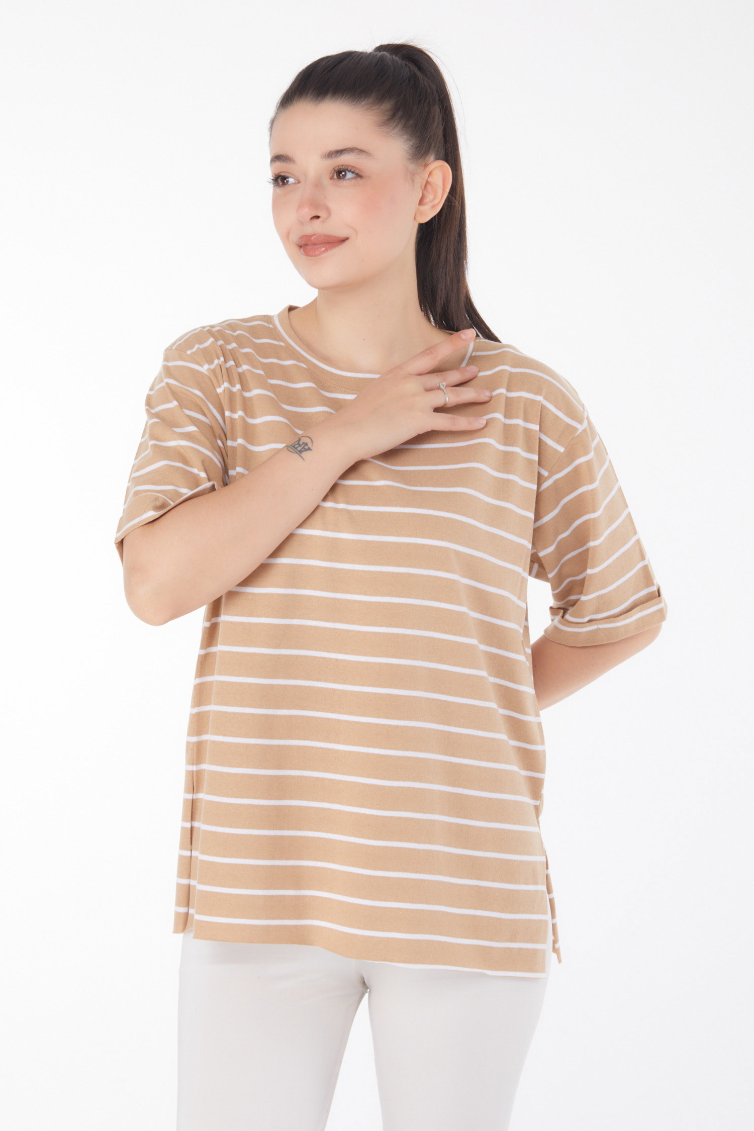 Çizgili Kısa Kollu T-shirt Vizon - 25840 - 3