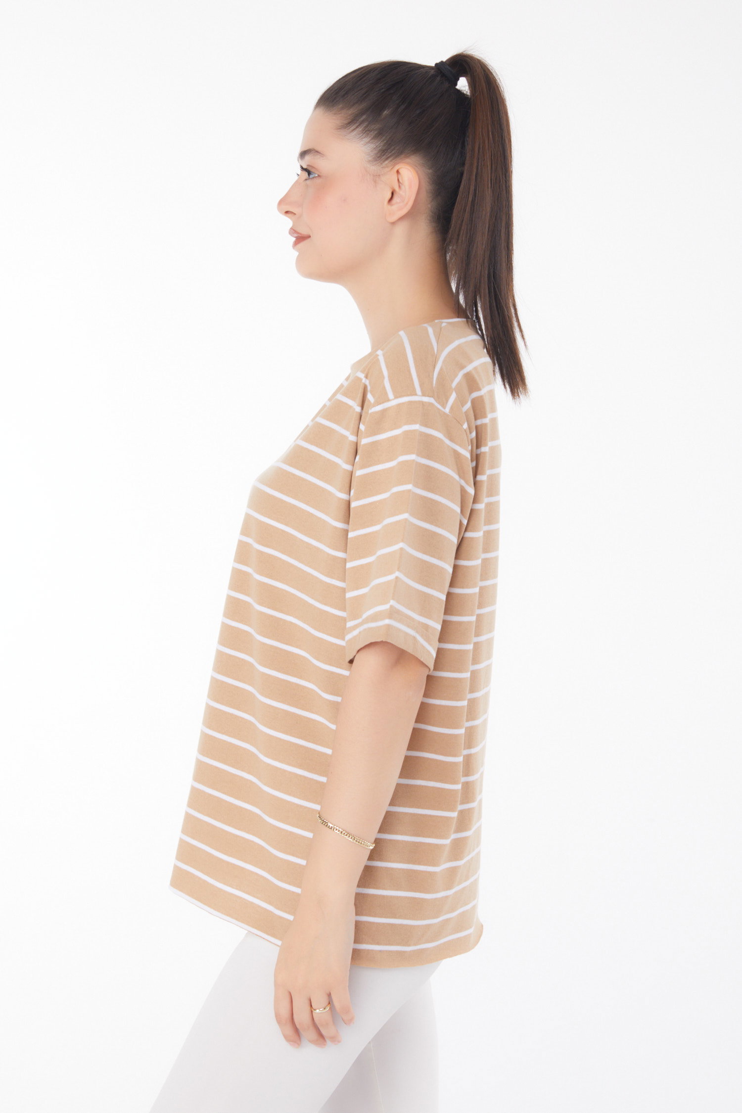 Çizgili Kısa Kollu T-shirt Vizon - 25840 - 4