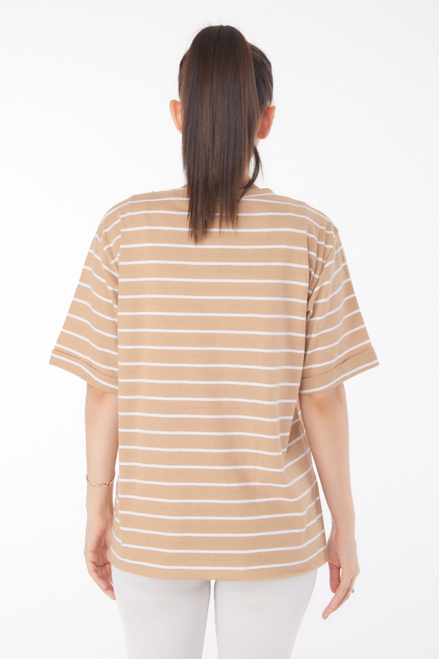 Çizgili Kısa Kollu T-shirt Vizon - 25840 - 5