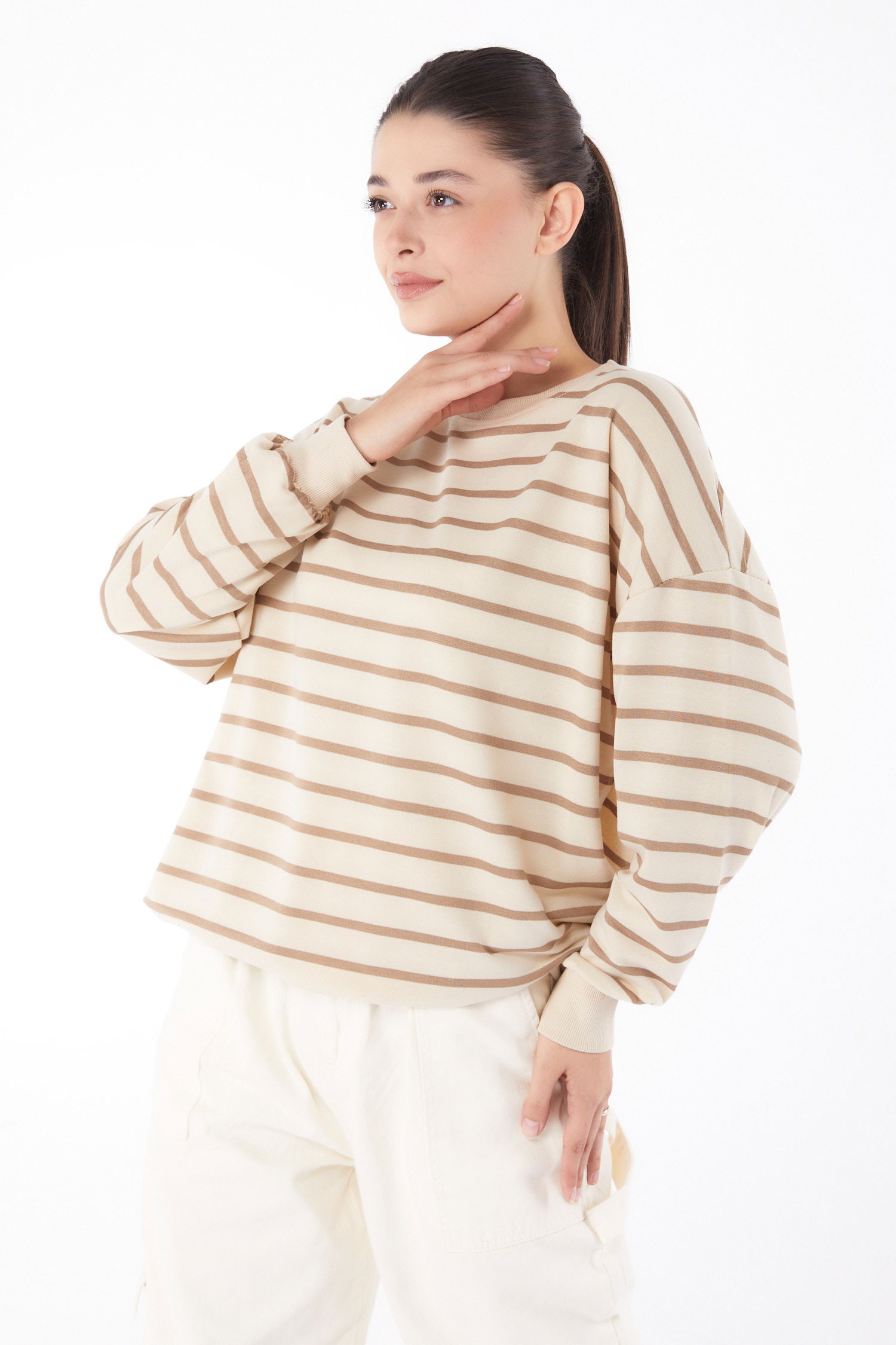 Düz Bisiklet Yaka Kadın Vizon Çizgili Sweatshirt - 26048 - 3