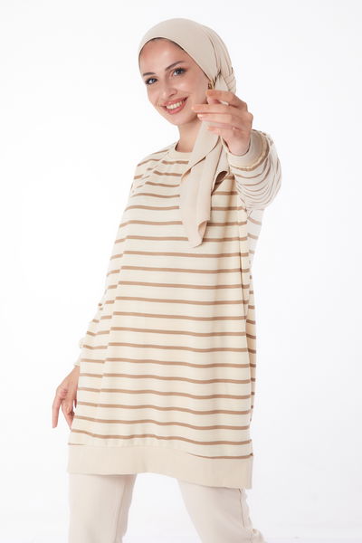 Çizgili Sweatshirt Vizon - 26137 