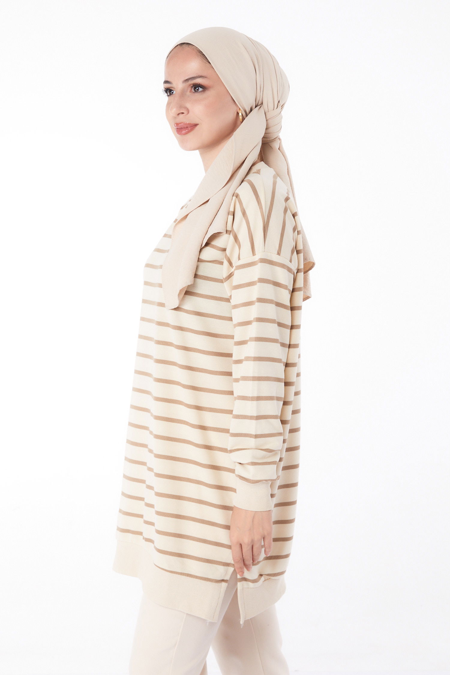 Çizgili Sweatshirt Vizon - 26137 - 4