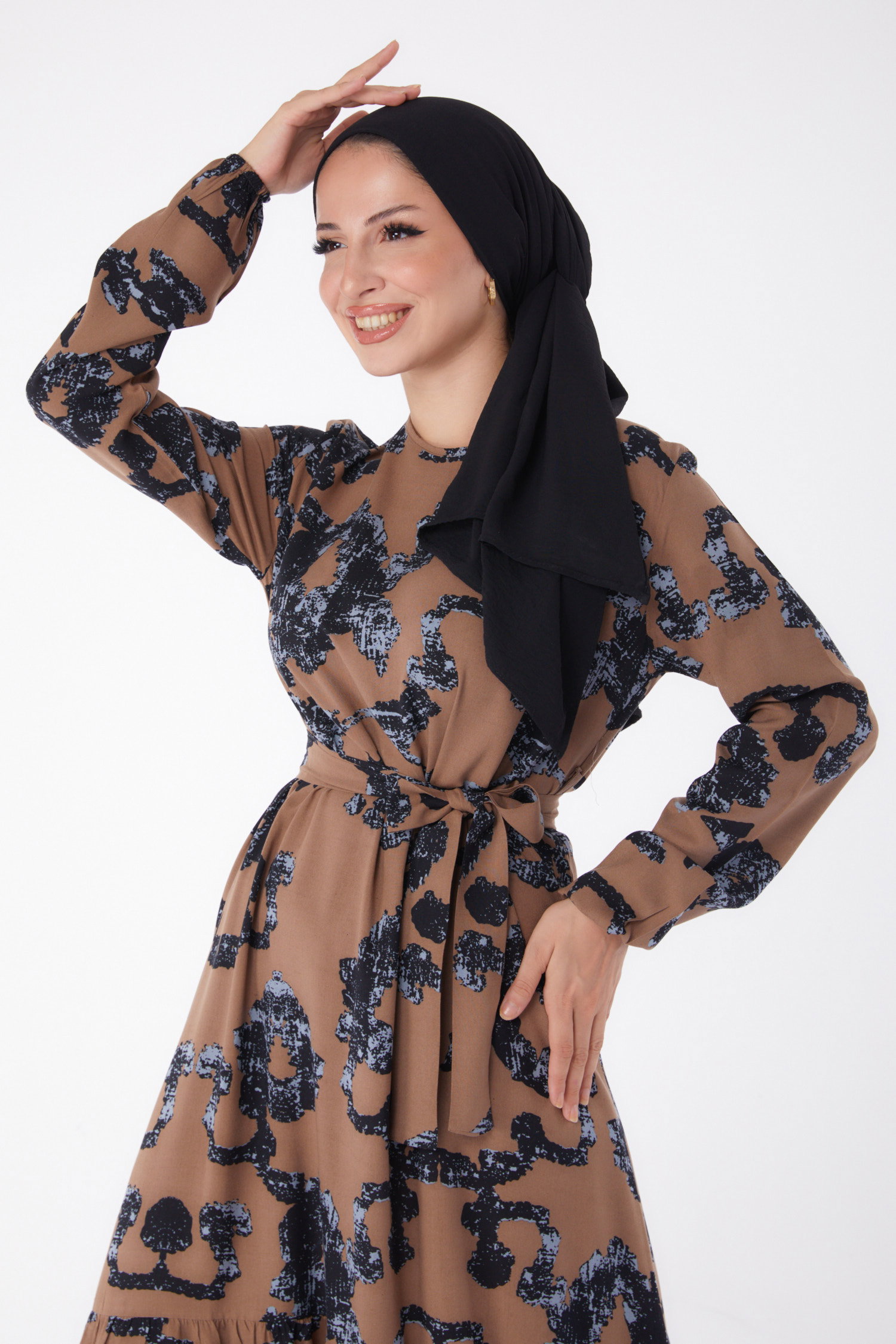 Desenli Kuşaklı Elbise Vizon - 26026 - 2
