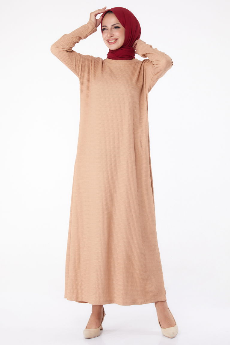 Düz Bisiklet Yaka Kadın Vizon Elbise - 26280 - TOFİSA