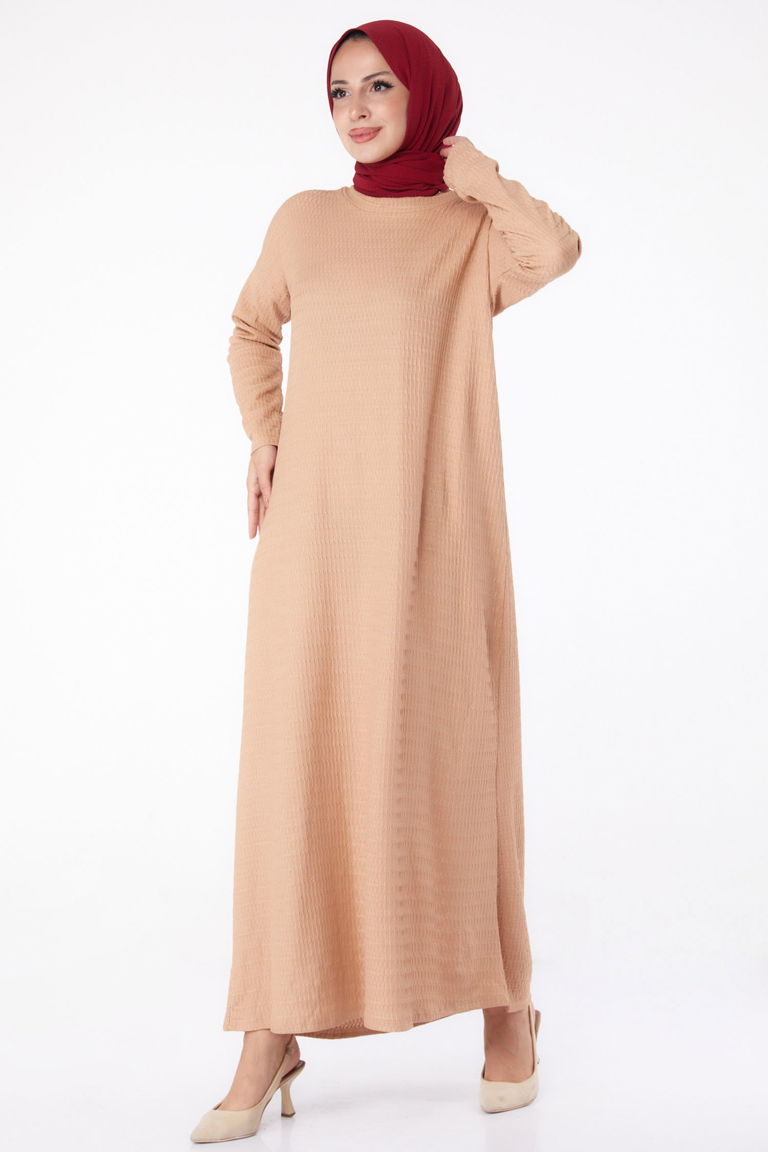 Düz Bisiklet Yaka Kadın Vizon Elbise - 26280 - TOFİSA