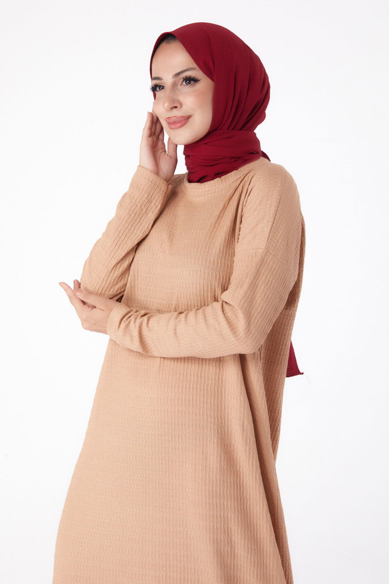 Düz Bisiklet Yaka Kadın Vizon Elbise - 26280 - TOFİSA