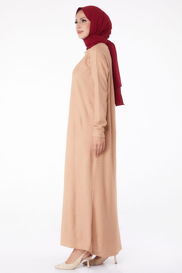 Düz Bisiklet Yaka Kadın Vizon Elbise - 26280 - TOFİSA