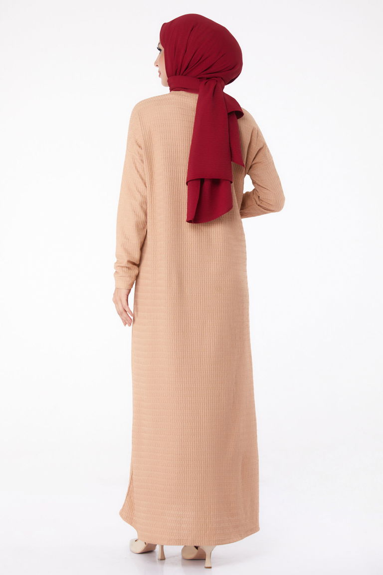 Düz Bisiklet Yaka Kadın Vizon Elbise - 26280 - TOFİSA