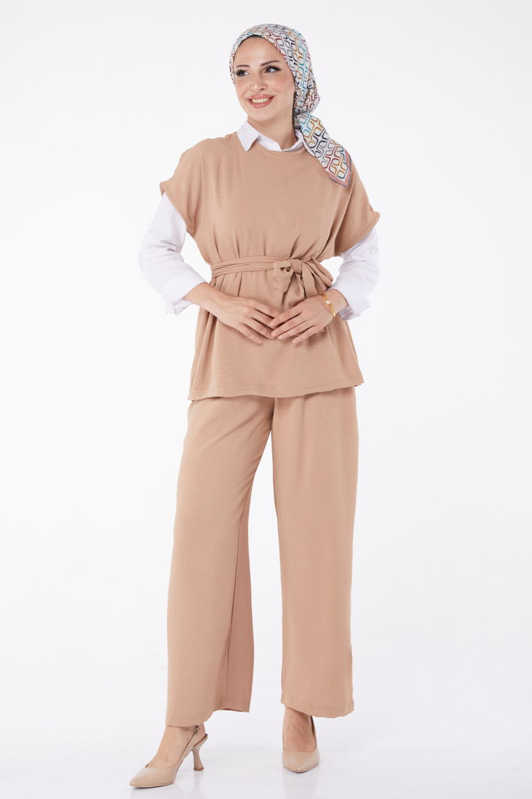 Düz Bisiklet Yaka Kadın Vizon İkili Takım - 11448 - TOFİSA