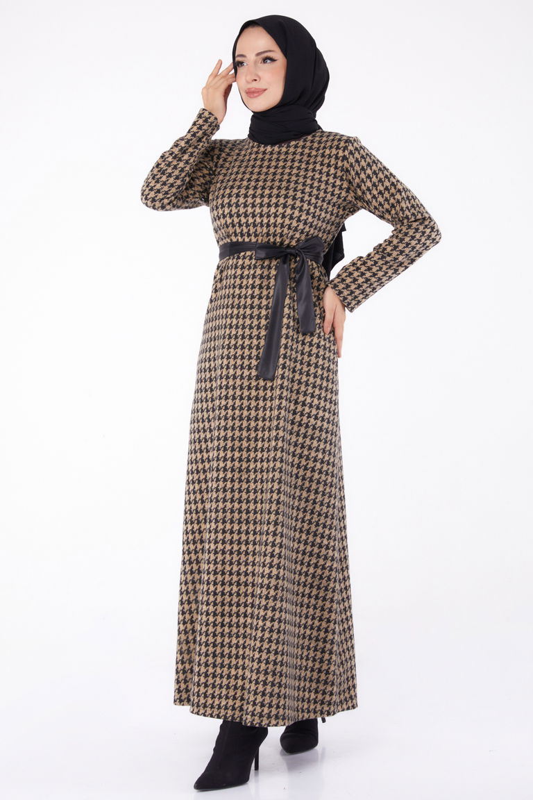 Kuşaklı Elbise Vizon - 13322 - TOFİSA