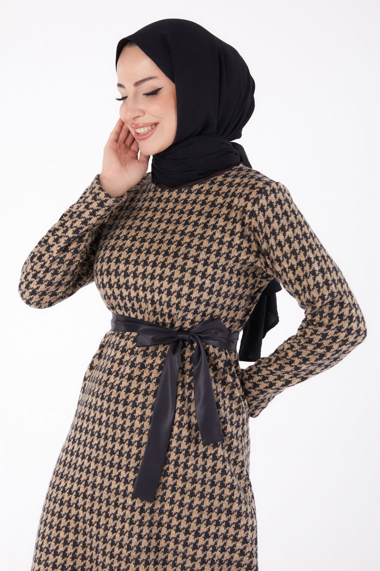 Kuşaklı Elbise Vizon - 13322 - TOFİSA