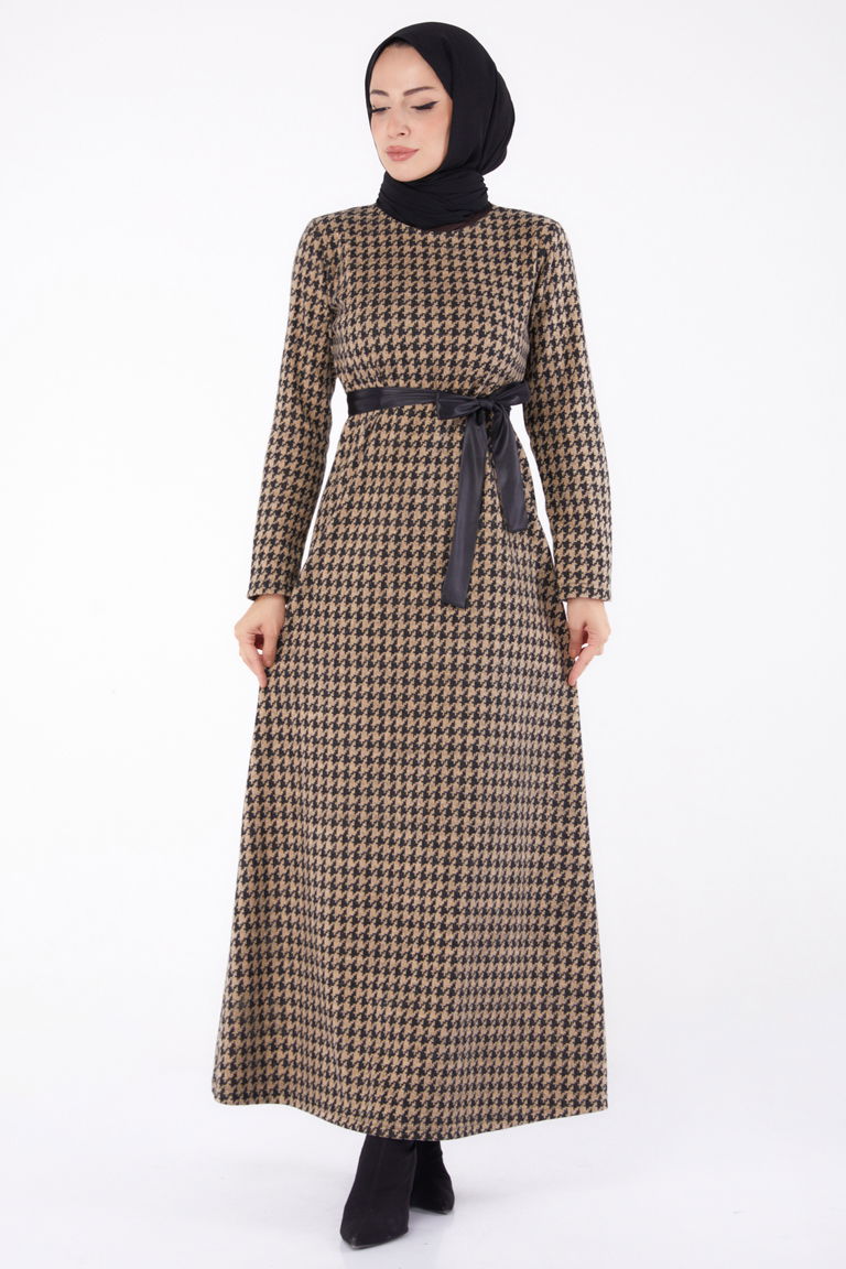 Kuşaklı Elbise Vizon - 13322 - TOFİSA