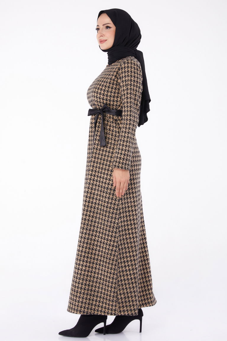 Kuşaklı Elbise Vizon - 13322 - TOFİSA