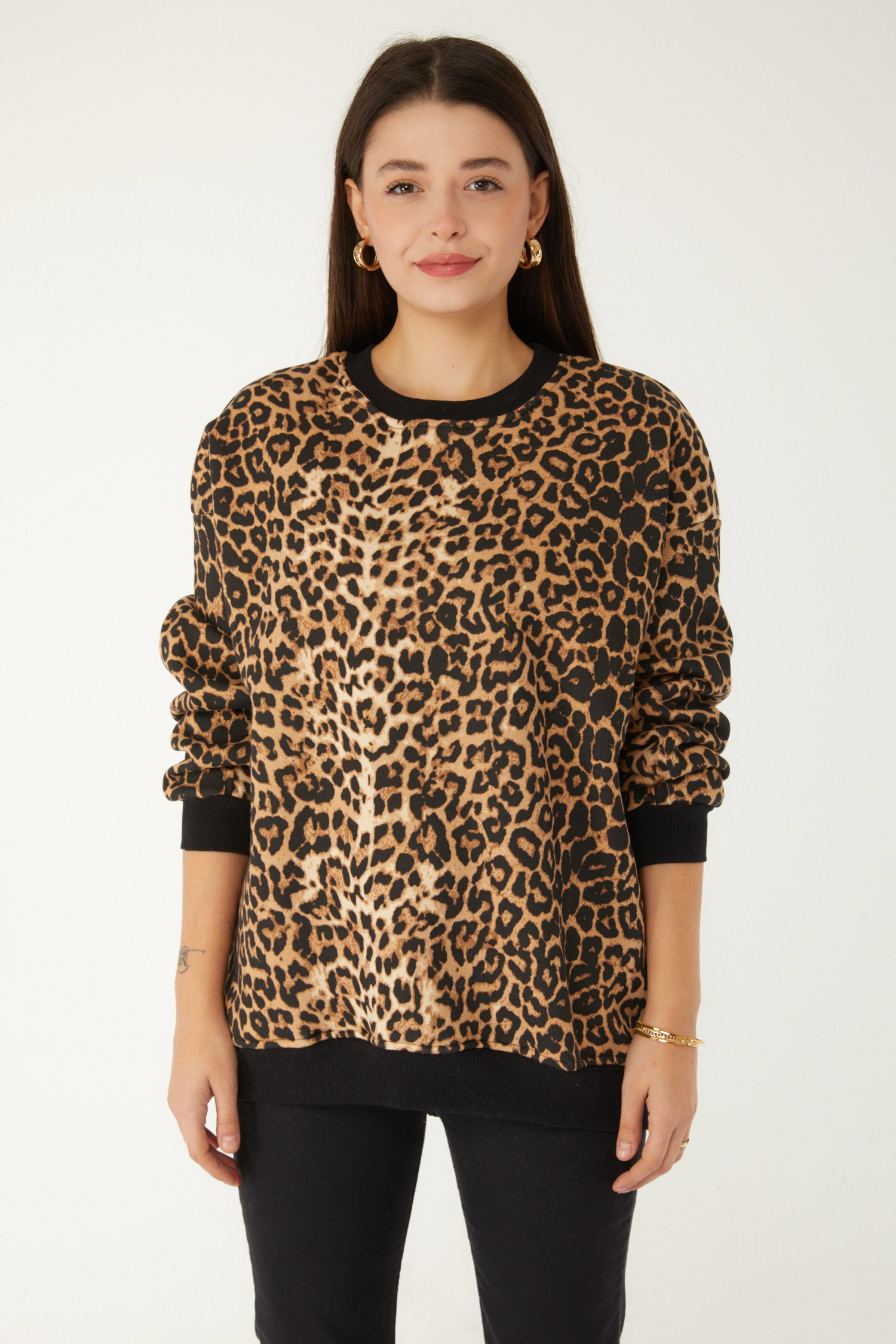 Düz Bisiklet Yaka Kadın Vizon Leopar Desenli Sweat - 26535 - 3