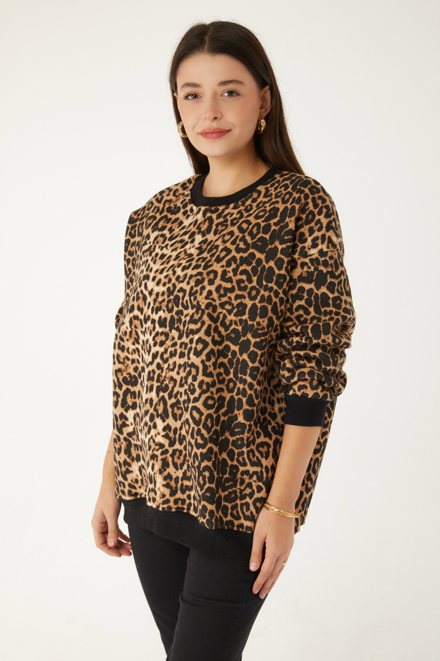 Düz Bisiklet Yaka Kadın Vizon Leopar Desenli Sweat - 26535 - 4