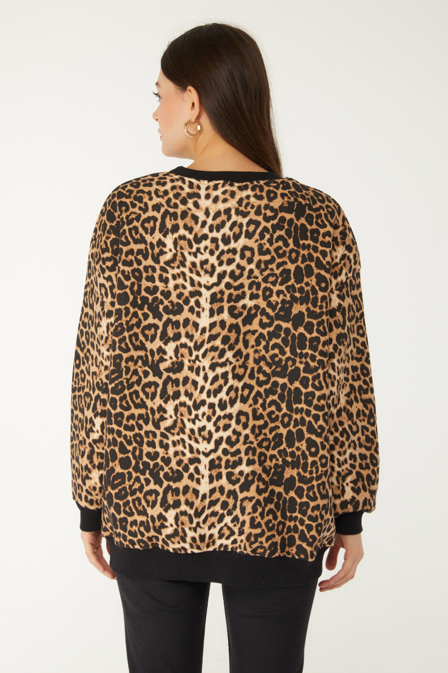 Düz Bisiklet Yaka Kadın Vizon Leopar Desenli Sweat - 26535 - 5