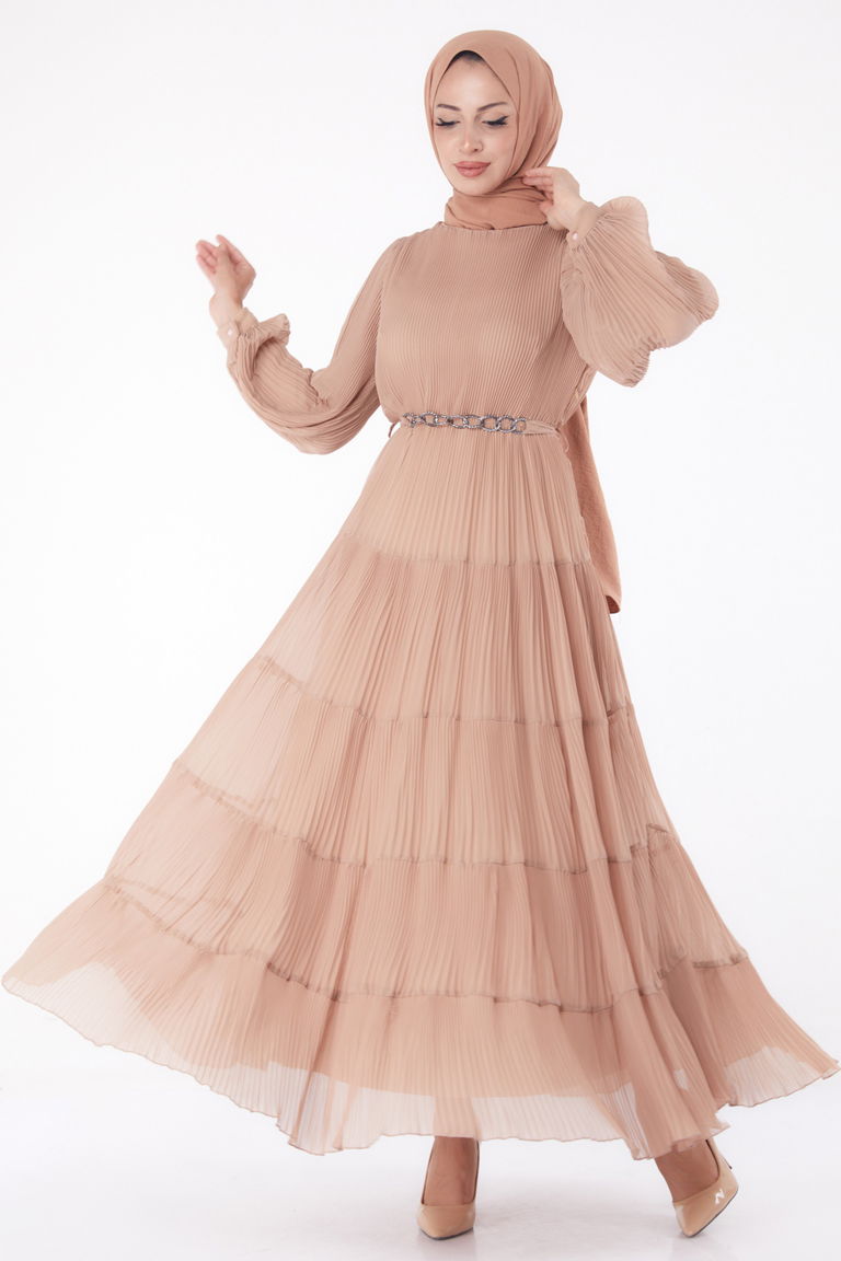 Pliseli Abiye Elbise Vizon - 26198 - TOFİSA