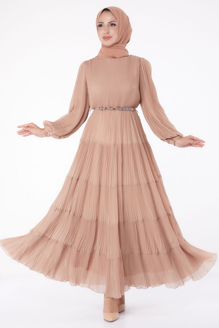 Pliseli Abiye Elbise Vizon - 26198 - TOFİSA