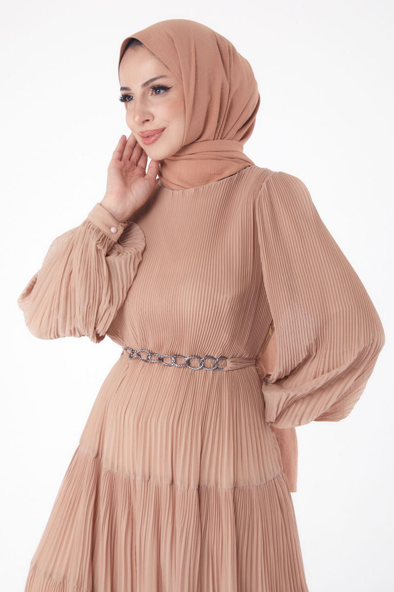 Pliseli Abiye Elbise Vizon - 26198 - TOFİSA