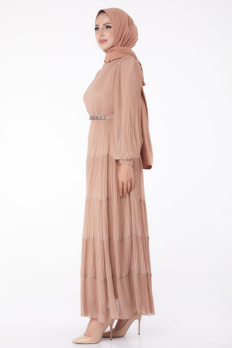 Pliseli Abiye Elbise Vizon - 26198 - TOFİSA