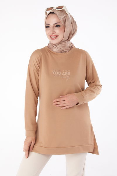 Düz Bisiklet Yaka Kadın Vizon Sweat - 26200 