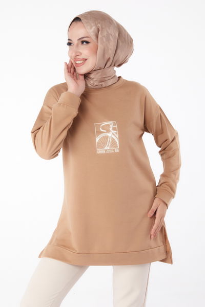 Düz Bisiklet Yaka Kadın Vizon Sweat - 26202 