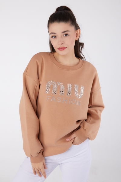 Düz Bisiklet Yaka Kadın Vizon Taşlı Sweatshirt - 26478 