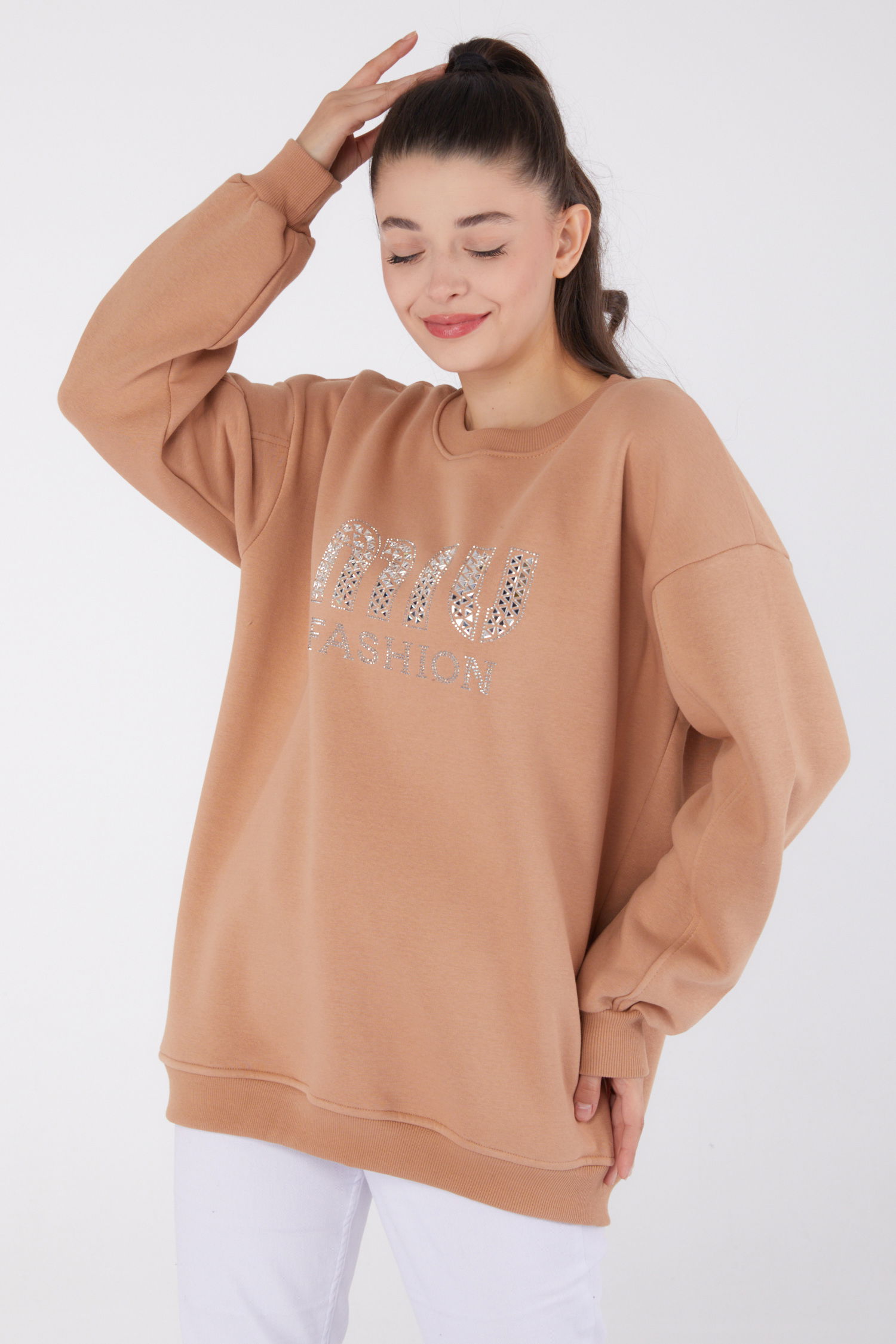 Düz Bisiklet Yaka Kadın Vizon Taşlı Sweatshirt - 26478 - 2