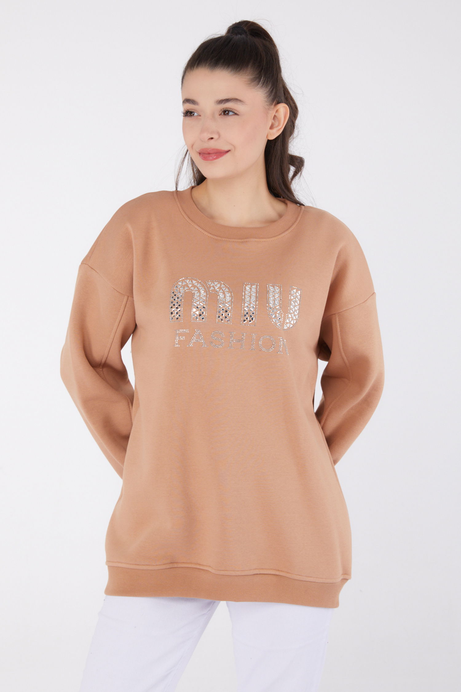 Düz Bisiklet Yaka Kadın Vizon Taşlı Sweatshirt - 26478 - 3