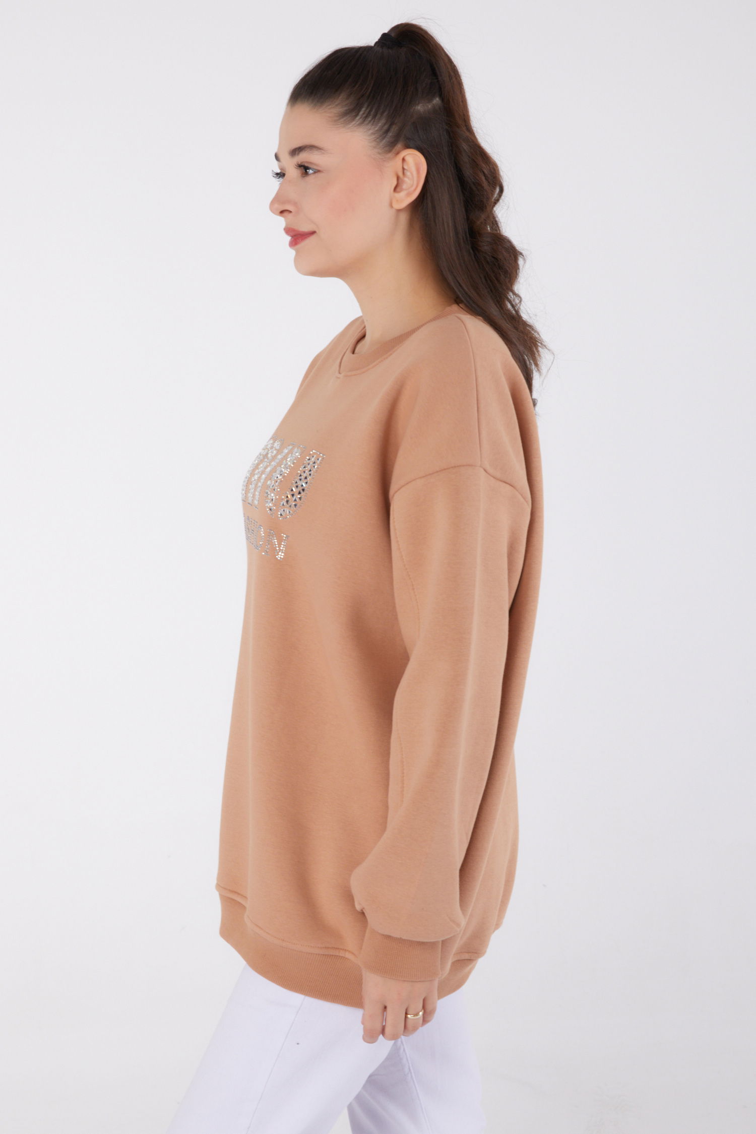 Düz Bisiklet Yaka Kadın Vizon Taşlı Sweatshirt - 26478 - 4
