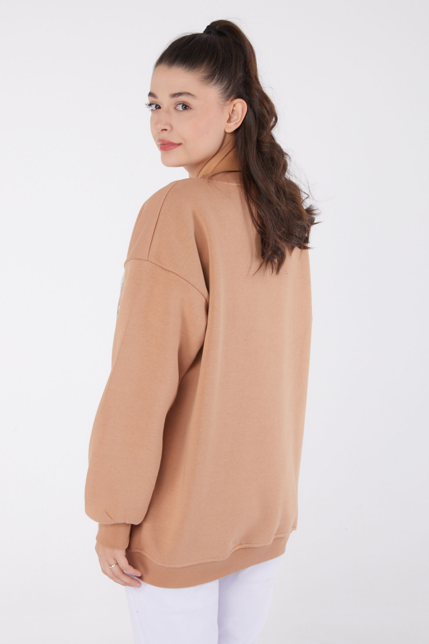 Düz Bisiklet Yaka Kadın Vizon Taşlı Sweatshirt - 26478 - 5
