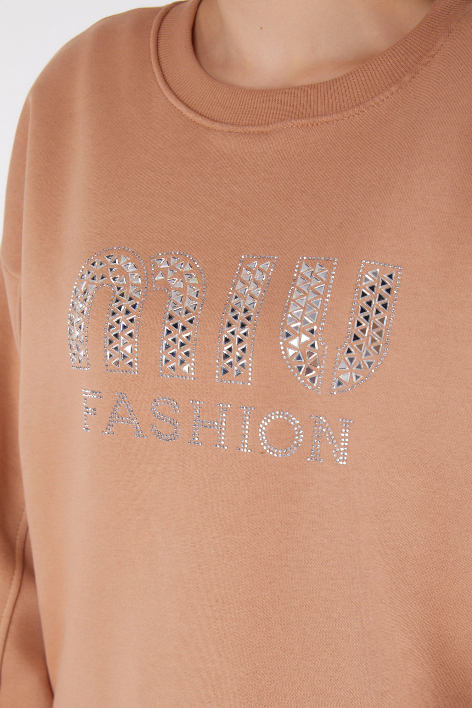 Düz Bisiklet Yaka Kadın Vizon Taşlı Sweatshirt - 26478 - 6