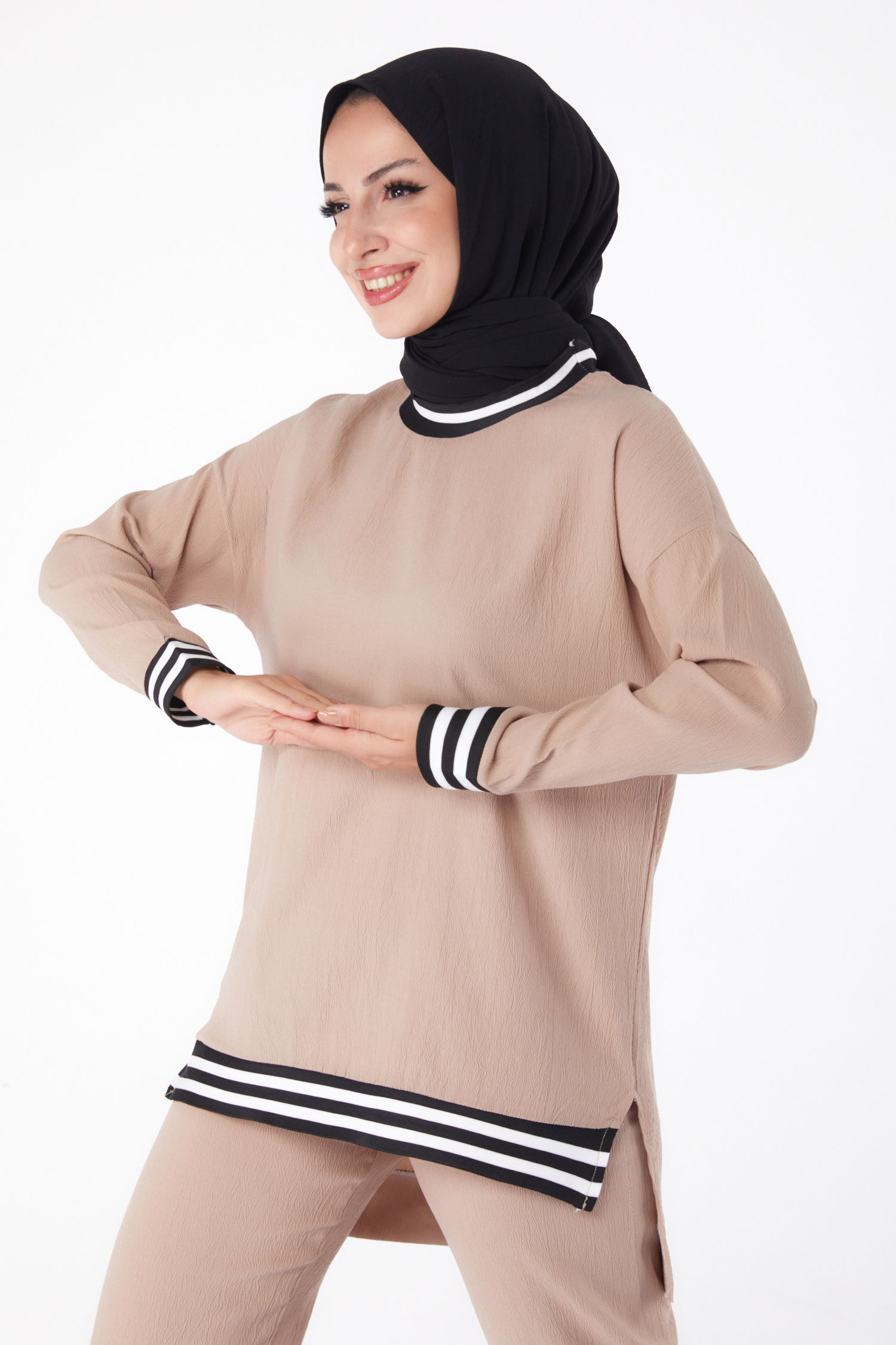 Düz Bisiklet Yaka Kadın Vizon Tunik Pantolon - 11321 - 4