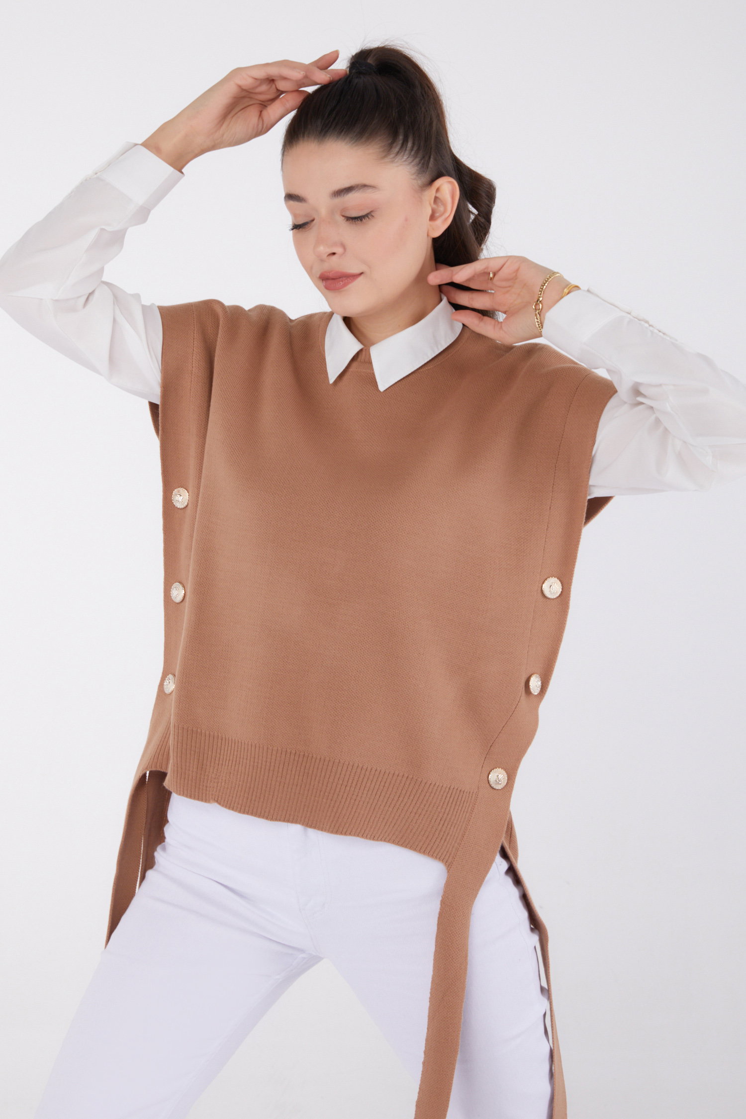 Düz Bisiklet Yaka Kadın Vizon Yandan Bağlamalı Kazak - 26502 - 1