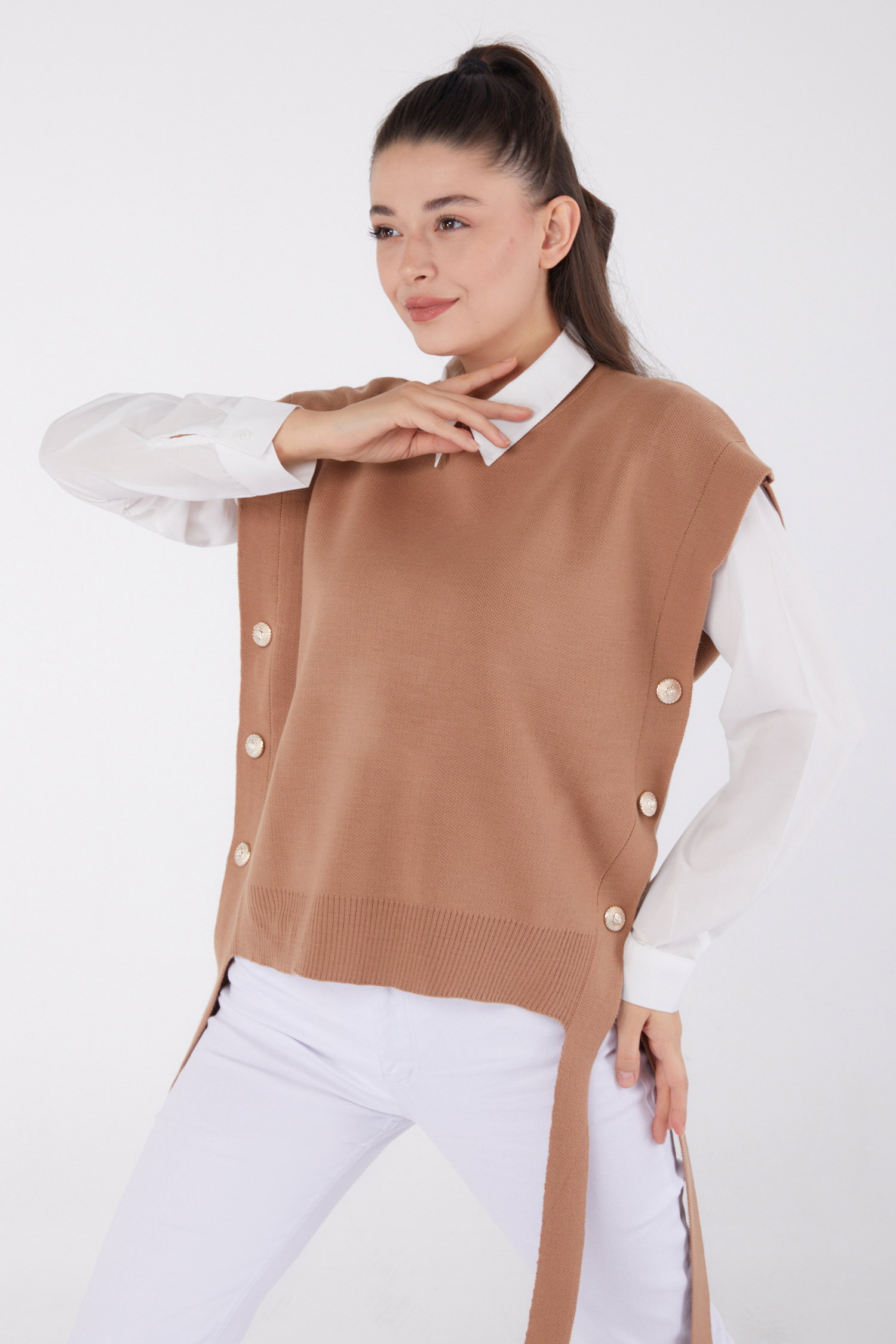 Düz Bisiklet Yaka Kadın Vizon Yandan Bağlamalı Kazak - 26502 - 2