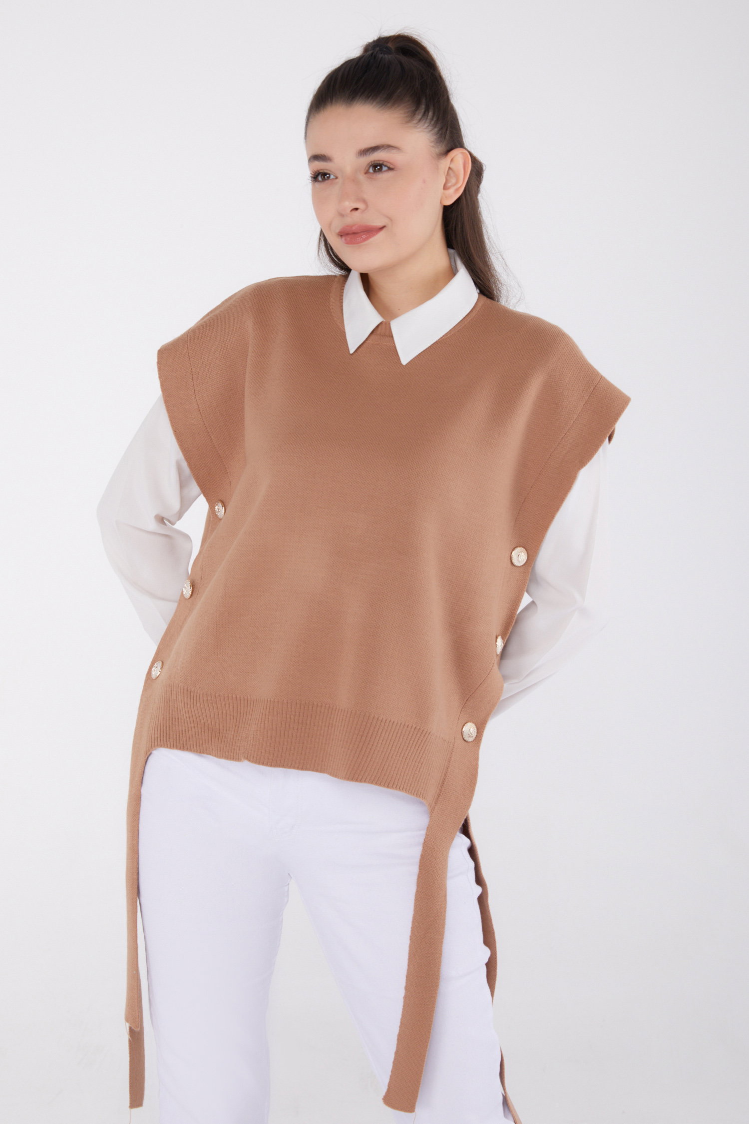 Düz Bisiklet Yaka Kadın Vizon Yandan Bağlamalı Kazak - 26502 - 3