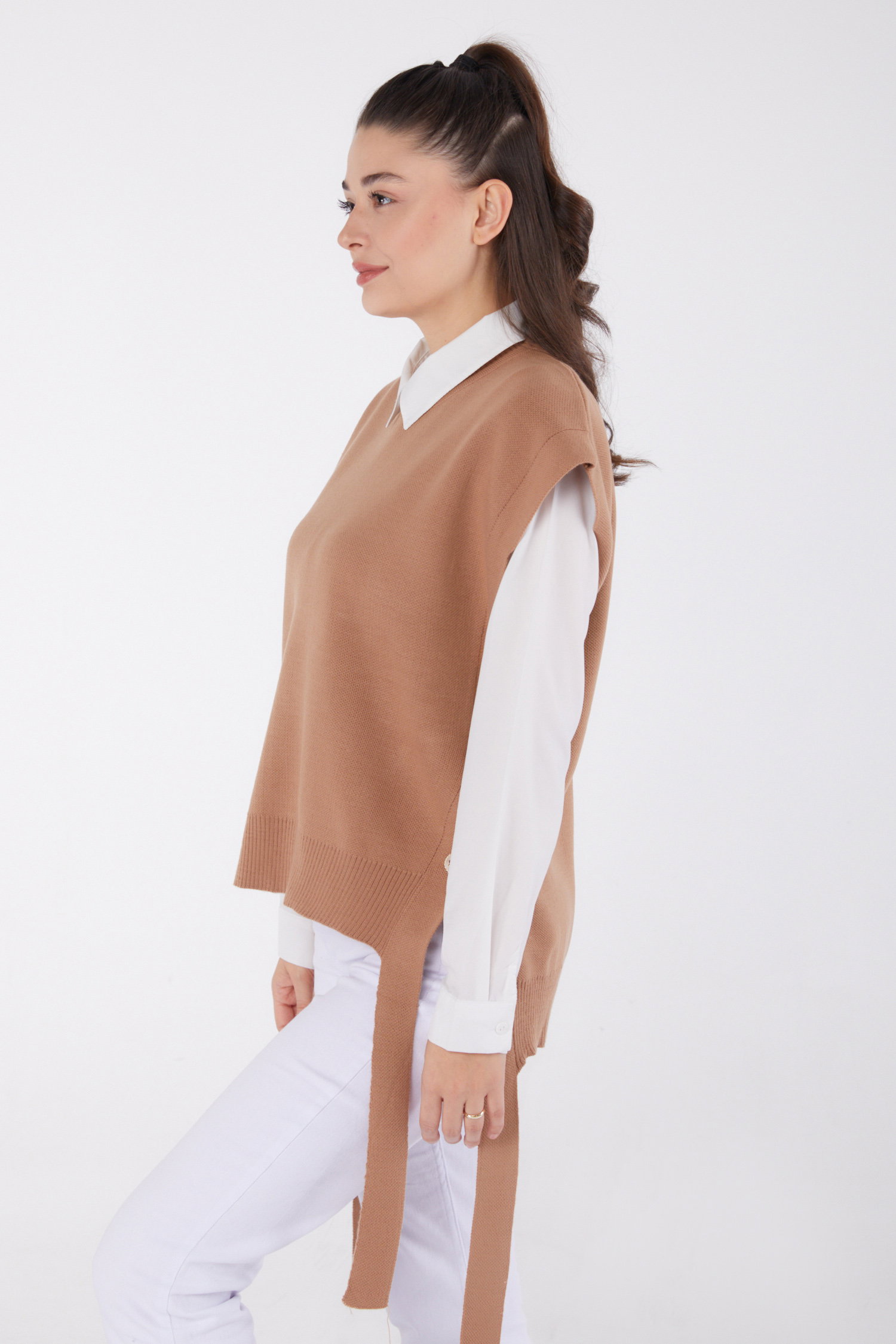 Düz Bisiklet Yaka Kadın Vizon Yandan Bağlamalı Kazak - 26502 - 4