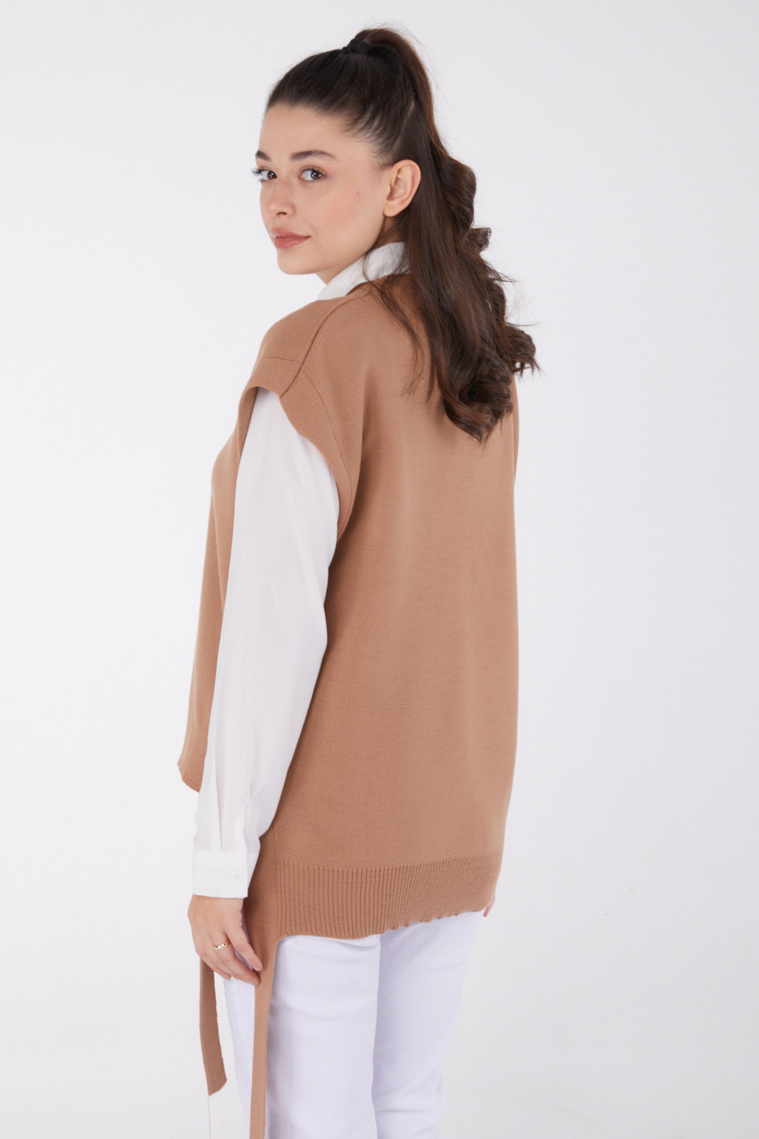 Düz Bisiklet Yaka Kadın Vizon Yandan Bağlamalı Kazak - 26502 - 5