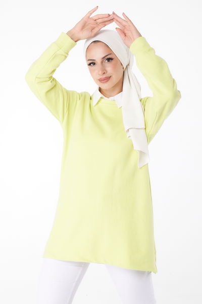 Düz Bisiklet Yaka Kadın Yağ Yeşili T-Shirt - 24189 