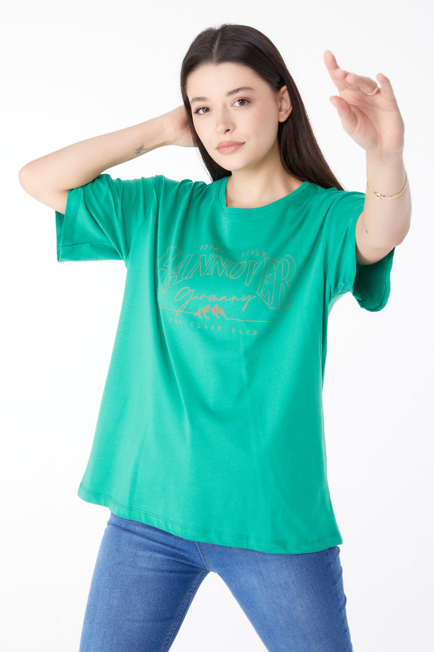 Baskılı Kısa Kollu T-Shirt Yesil - 25388 - 1