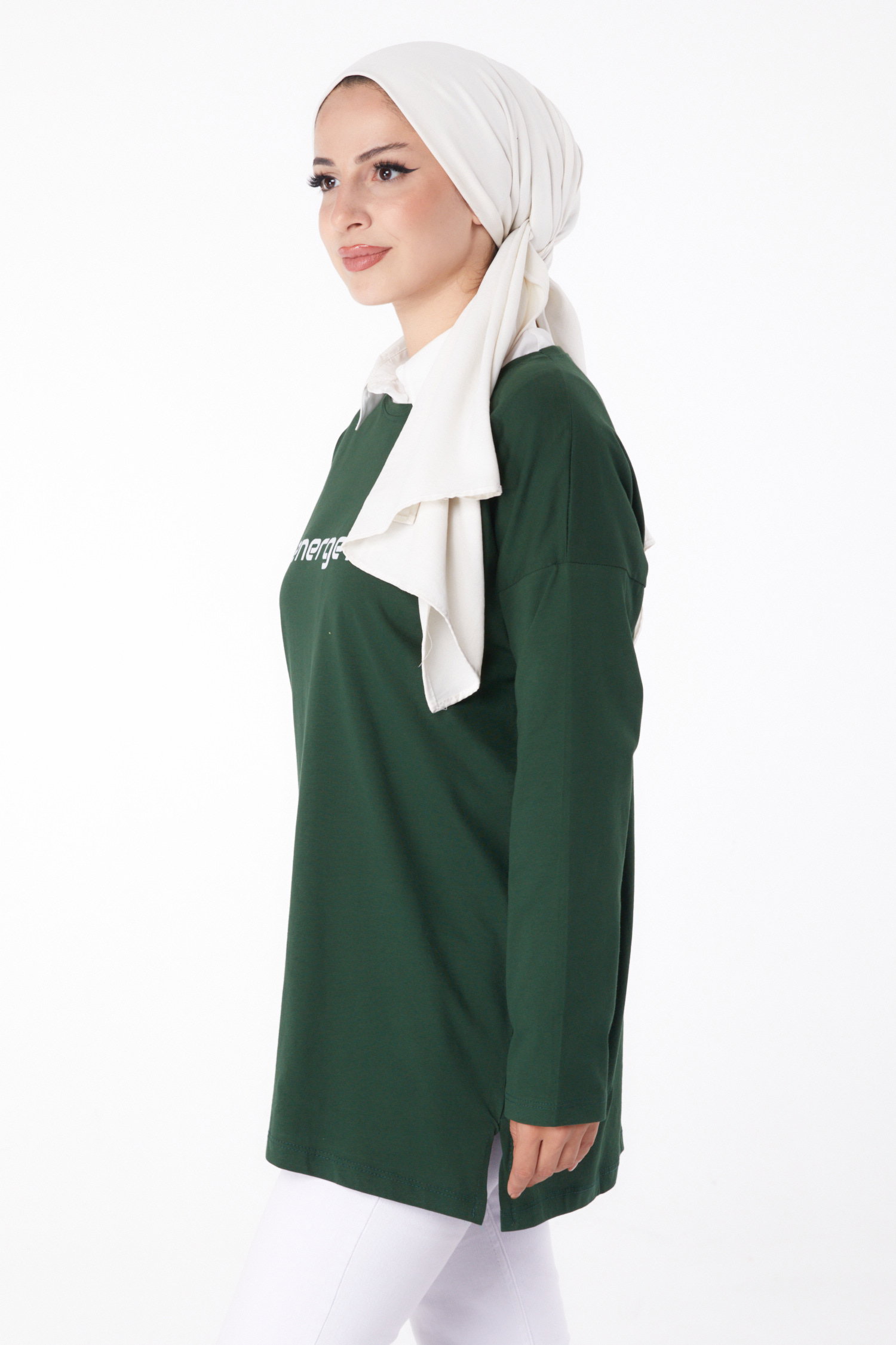 Düz Bisiklet Yaka Kadın Yesil Baskılı Sweat - 26236 - 4
