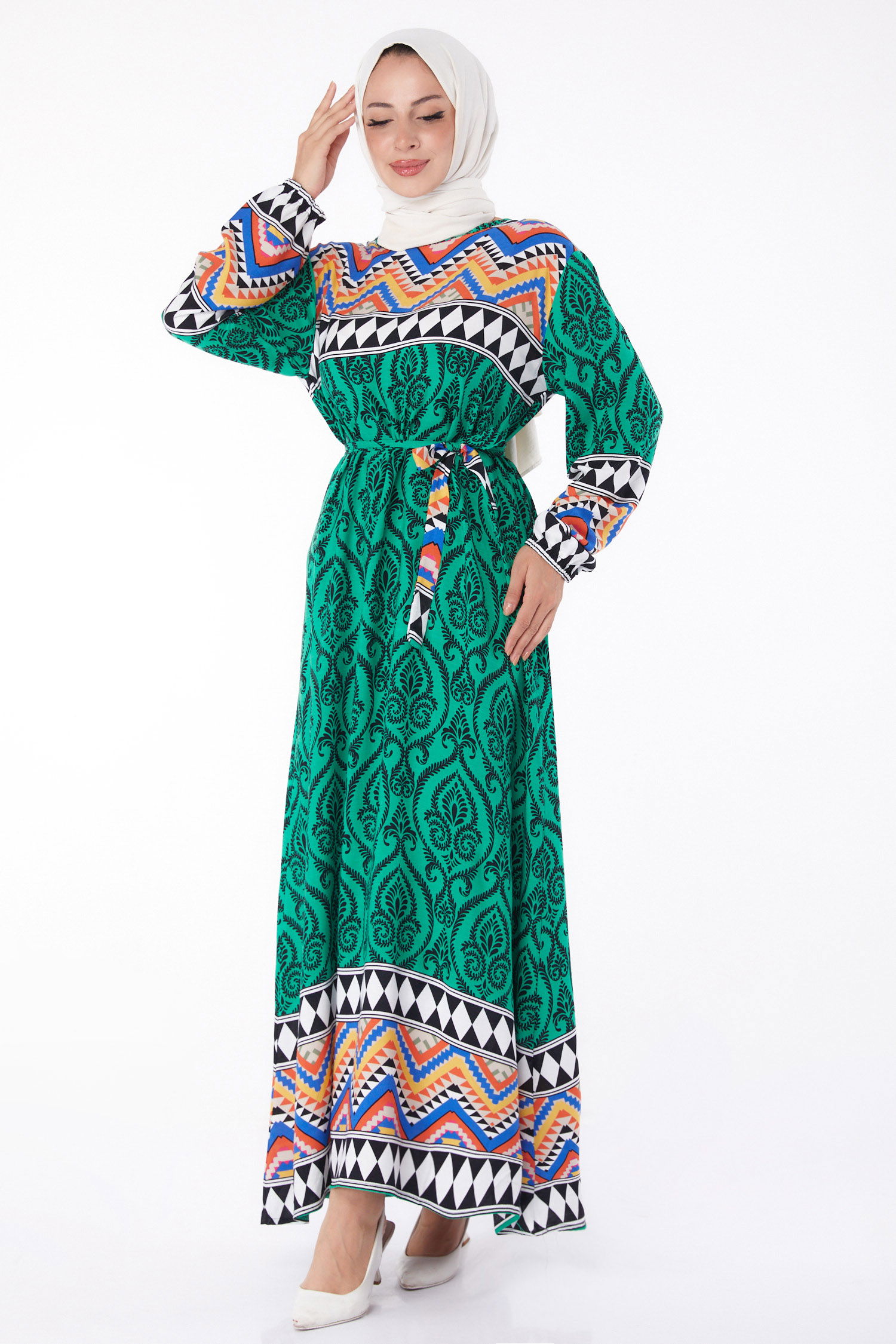 Desenli Elbise Yesil - 26233 - 1