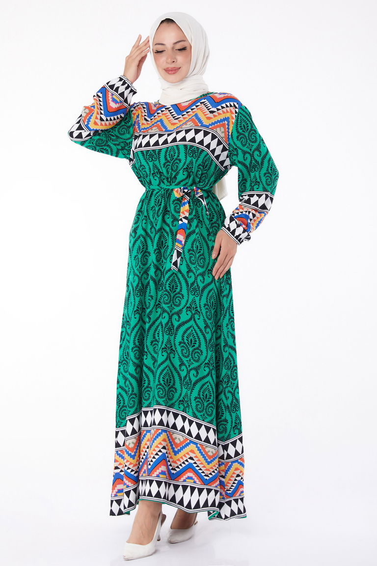 Desenli Elbise Yesil - 26233 - TOFİSA