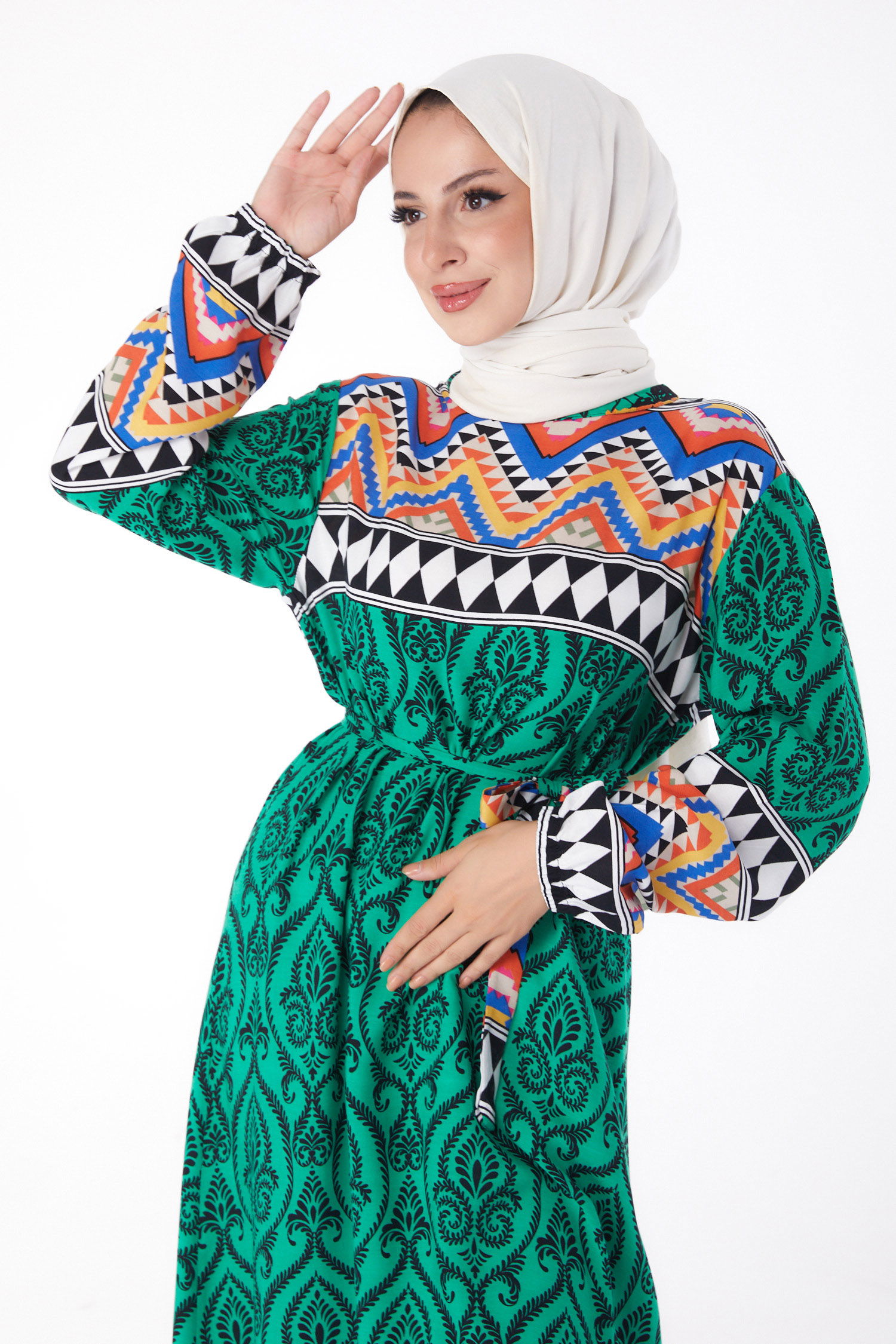 Desenli Elbise Yesil - 26233 - 2