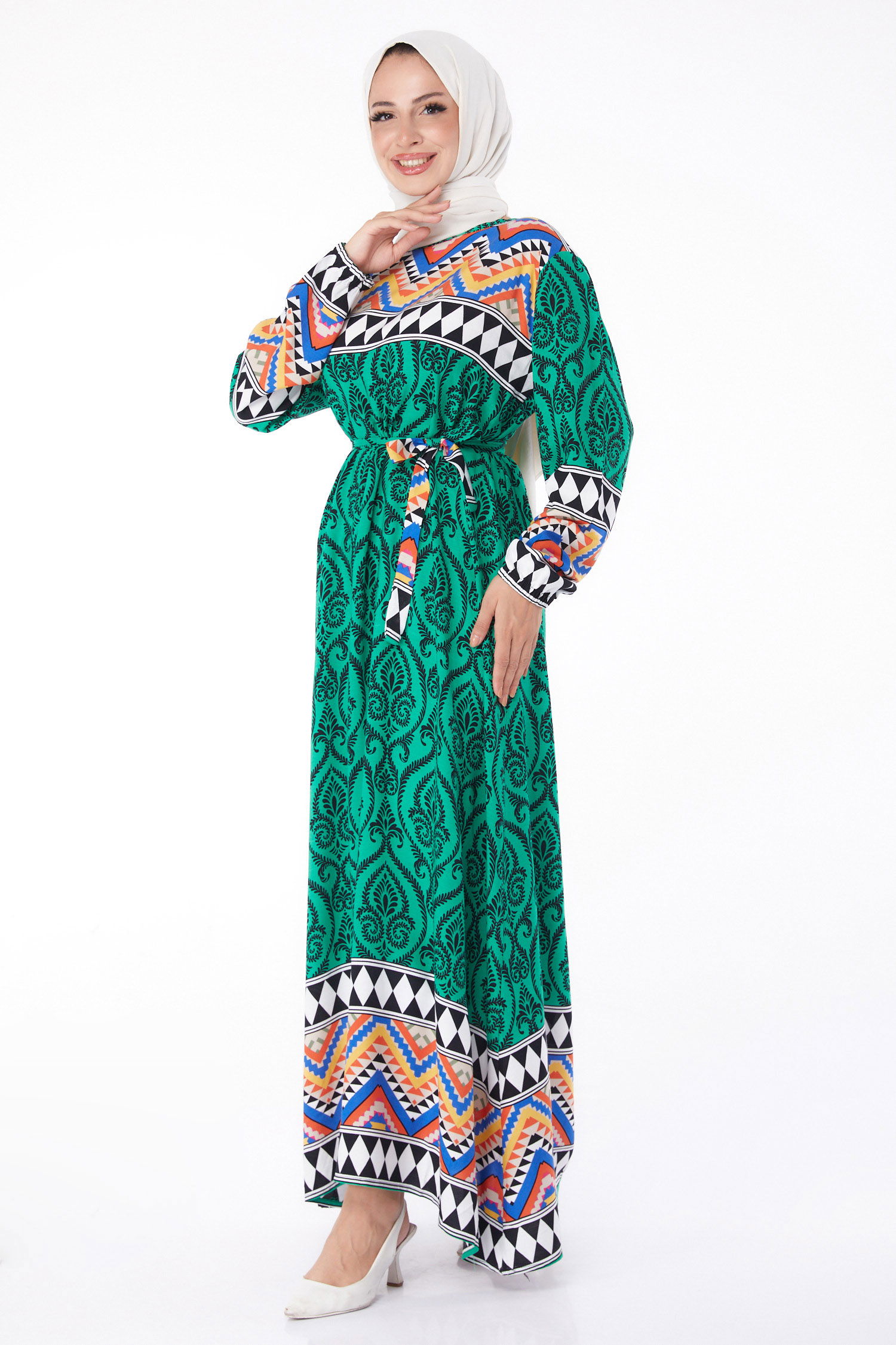 Desenli Elbise Yesil - 26233 - 3