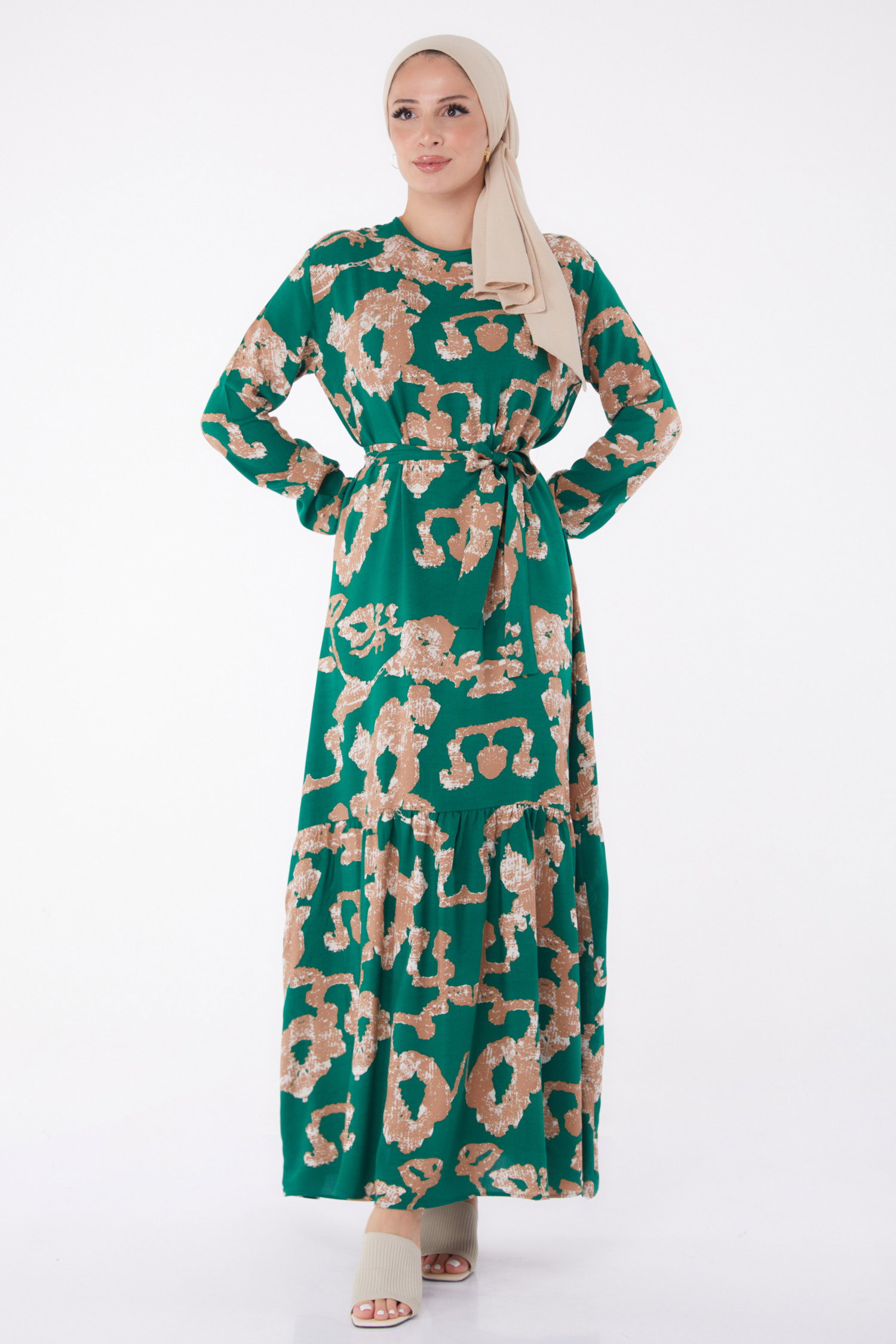 Desenli Kuşaklı Elbise Yesil - 26026 - 1